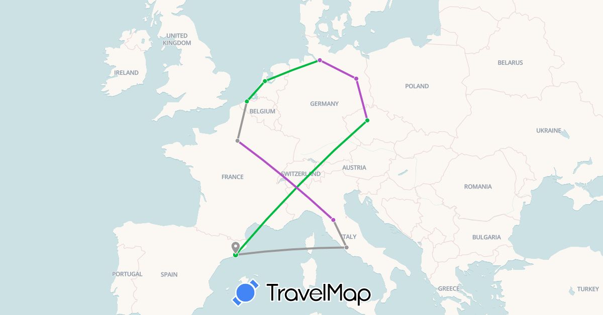 TravelMap itinerary: driving, bus, plane, train in Belgium, Czech Republic, Germany, Spain, France, Italy, Netherlands (Europe)